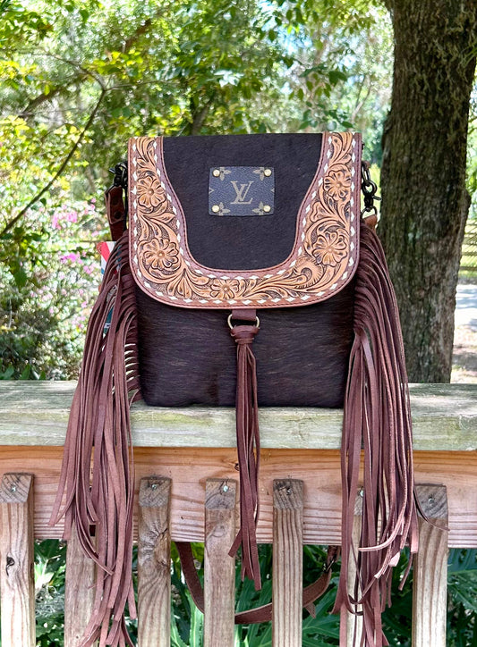 Upcycled LV Cowhide Leather Fringe Crossbody Bag Western