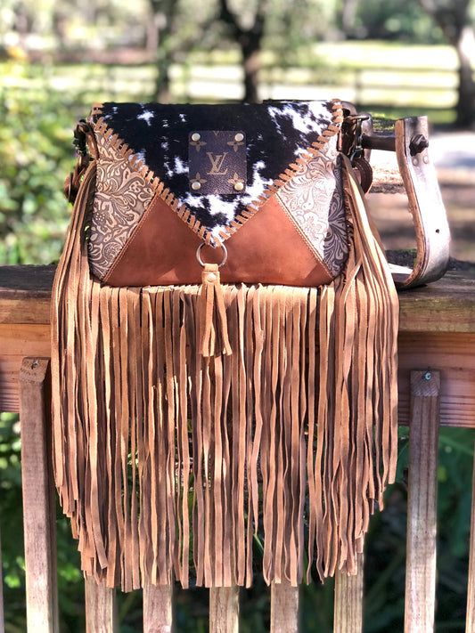 Upcycled LV Cowhide Leather Fringe Crossbody Western Boho